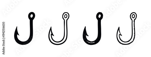 Simple fishing hook icon set, vector illustration of angling equipment symbols.