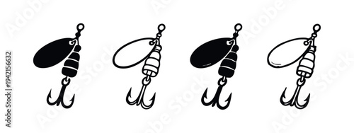 Fishing lure spinner bait with treble hook icons set, vector illustration for angling.