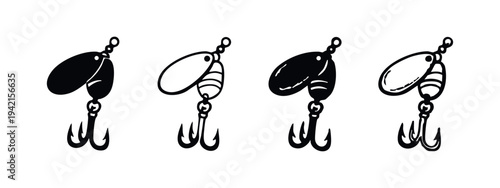 Fishing lure spinner with treble hook icons set, vector illustration for angling.