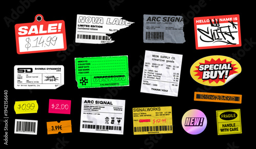Realistic Price Tag Stickers with crumpled, torn, wrinkled effects. Assorted paper tags and labels, payment receipt, information tag, sale stickers with price. Retail packaging design. Vector set