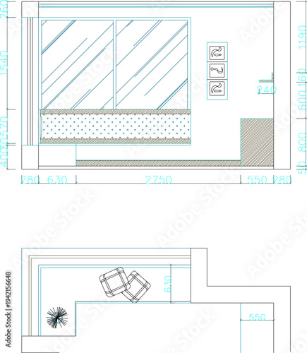 Modern Home Interior Cross Section Drawing with Staircase, Upper Floor Platform, Sofa and Armchairs Arrangement, and Precise Architectural Dimensions