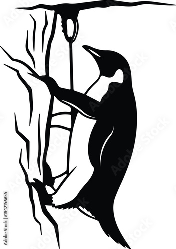 Vector penguin climbing icy cliff abstract silhouette design