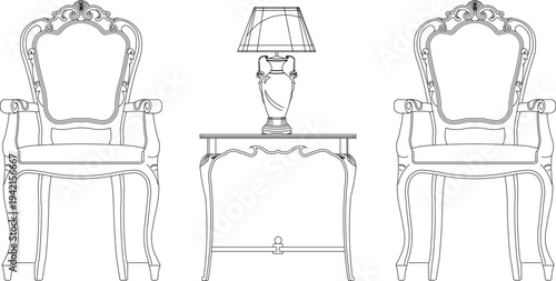 Vector sketch illustration silhouette of classic vintage retro antique table and chair furniture design 