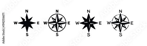 Compass Rose Icons with Cardinal Directions for Navigation