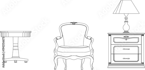 Vector sketch illustration silhouette of classic vintage retro antique table and chair furniture design 