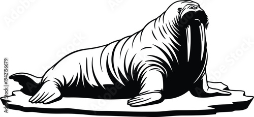 Vector powerful walrus on ice floe mammal silhouette design