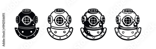 Vintage Scuba Diver Helmet Icons Set, Hand-Drawn Old Diving Gear Symbol Collection