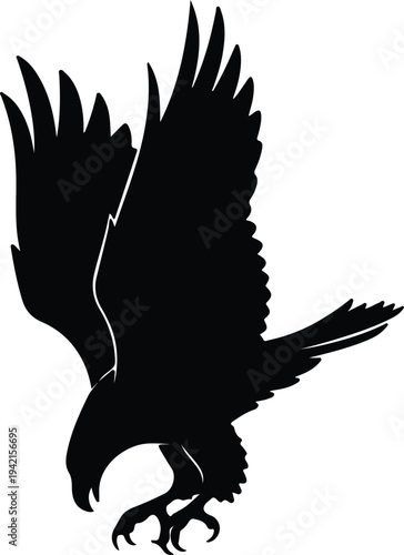 Vector predatory bird soaring downwards with open wings silhouette design