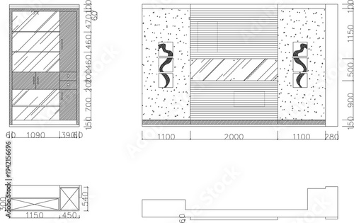 Technical CAD Drawing of Residential Interior Section with Staircase, Mezzanine Level, Living Room Seating Area, and Accurate Architectural Dimension Lines