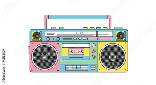 A vibrant, multi-colored retro boombox with a visible cassette deck and dual speakers is depicted as an illustration on a clean white background.