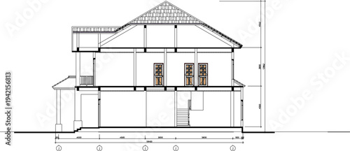 Vector sketch illustration silhouette design architectural construction section view of classic vintage house facade