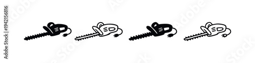 Set of four hedge trimmer icon designs for gardening and landscaping, featuring doodle-style silhouettes and outlines.