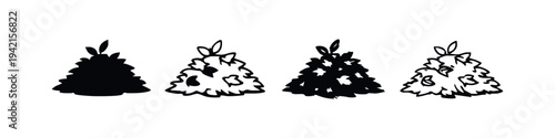 Collection of four autumn leaf pile and garden waste icons in silhouette and outline, ideal for seasonal cleanup.