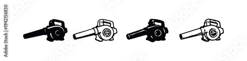 Four distinctive leaf blower icon designs, featuring solid black and outline variations for garden and yard care.