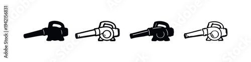 Set of four leaf blower icon designs in black silhouette and outline styles for garden and yard work themes.