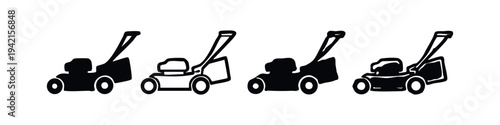Four distinctive lawn mower icon designs, featuring solid black and outline styles for lawn care and gardening visuals.