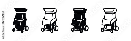 Wood Chipper Shredder Machine Icon Set - Garden Tools Vector Illustration