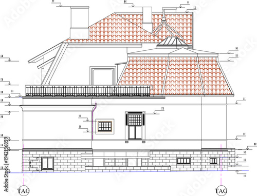 Vector sketch illustration of silhouette design section view of classic vintage European house facade with scale size 