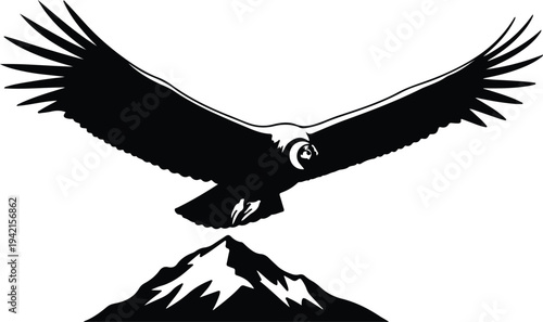 Vector soaring eagle over snowy mountain peak silhouette design