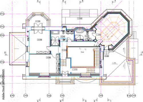 Vector sketch illustration silhouette architectural construction design site plan view facade of classic vintage european house with scale size