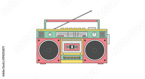 A vintage-style boombox with an extended antenna, colored in coral pink, mint green, and pale yellow, is illustrated with a cassette player and dual speakers on a white background.