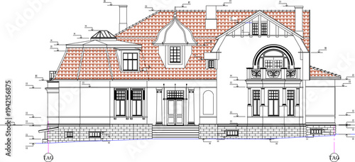 Vector sketch illustration of silhouette design section view of classic vintage European house facade with scale size