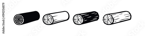 Set of wood log and tree trunk icons showing cross-section and bark details in solid and outline styles.