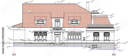 Vector sketch illustration of silhouette design section view of classic vintage European house facade with scale size 