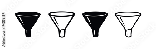 Funnel icons set, featuring various styles of conical tools for transferring liquids, in solid and outline.