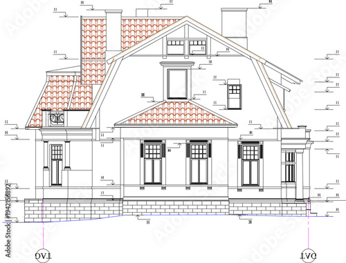 Vector sketch illustration of silhouette design section view of classic vintage European house facade with scale size