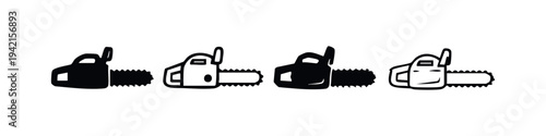 Collection of chainsaw icons in various styles, representing power tools for lumberjacks and forestry work.