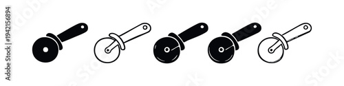 Collection of pizza slicer icons in different solid and outline styles, ideal for food and kitchen-related designs.