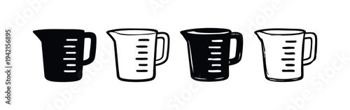 Collection of kitchen measuring cup icons, displaying different designs of liquid measurement jugs.
