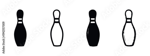 Bowling pin vector icons set. Skittle sport game illustration in solid and outline doodle style.
