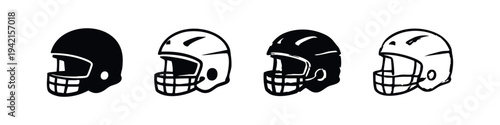 American football helmet side view vector icons. Sport protective gear illustration in outline and solid doodle style.
