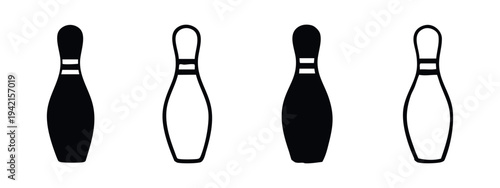 Bowling pin vector icons collection. Sport skittle game elements in solid and outline doodle style.