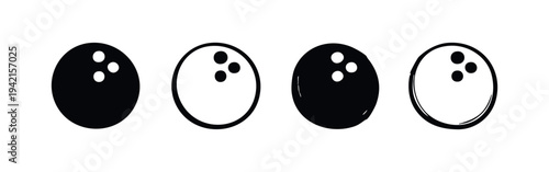 Bowling ball vector icons set. Sport game equipment illustration in solid and outline doodle style.