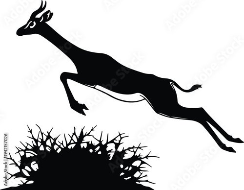 Vector wild gazelle jumping over a bush in nature silhouette design