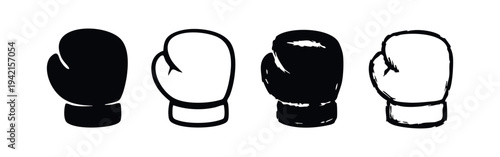 Boxing glove icon set in solid, outline, and hand-drawn styles, fight sport equipment on white background