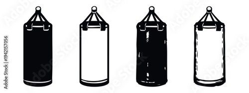 Punching bag icon set in solid, outline, and hand-drawn styles, boxing training equipment on white background