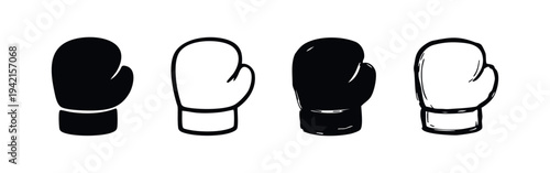 Hand-drawn boxing glove icon set in various styles, fight sport equipment on white background
