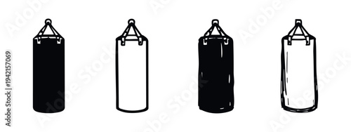 Set of Boxing Bag Icons or Punching Bag Silhouettes, Sport Equipment Vector Illustration