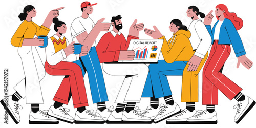 People discussing digital report around table