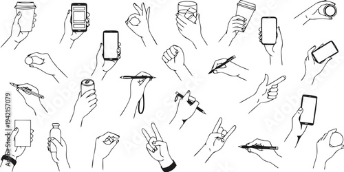 Hand holding various objects, gestures and actions