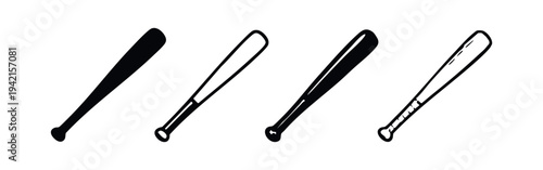 Set of Baseball Bat Icons, Sport Equipment Silhouettes, Baseball Game Vector Illustration