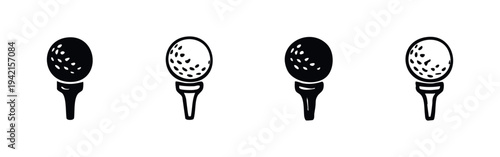 Collection of Golf Ball on Tee Icons, Sport Equipment Silhouette Set, Vector Illustration