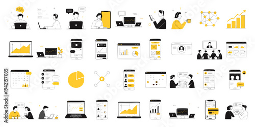 Business people using devices with graphs and charts