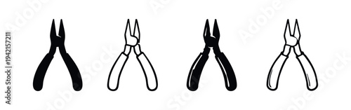 Jewelry Making Pliers Icon Set, Round Nose Pliers Black and White Vector Illustration for Crafting and Hobby