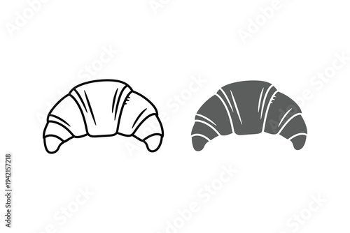Vector illustration of two croissants, one black and white outline and one gray shaded, on a white background, perfect for bakery or food-related designs and branding.