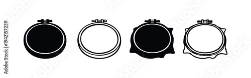 Embroidery Hoop Icon Set, Sewing Craft Hoop Black and White Vector Illustration for Needlework